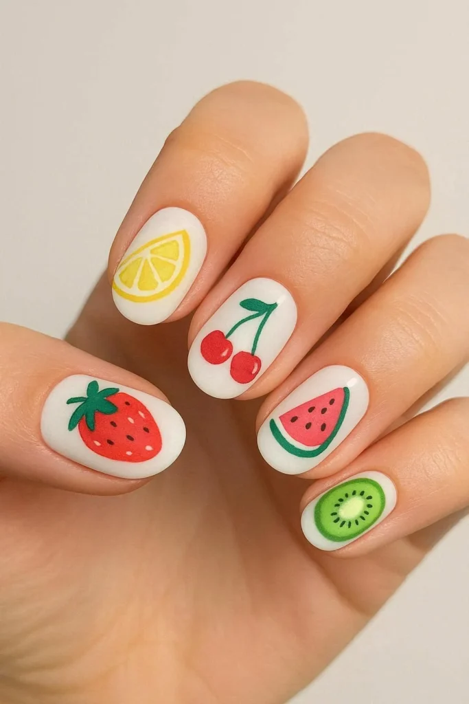 Colorful mixed fruit nail set with strawberry lemon cherry watermelon kiwi