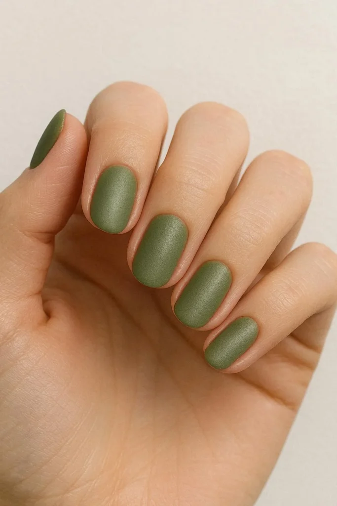 Moss green nails with a soft muted satin finish
