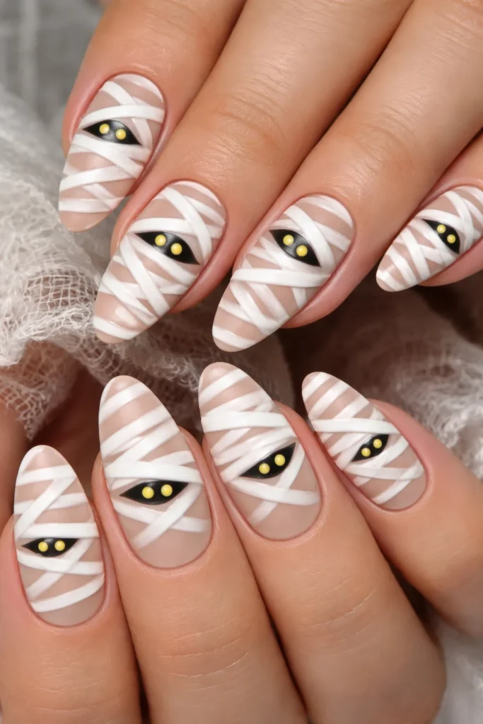 White mummy wrap bandage nail art design for Halloween
