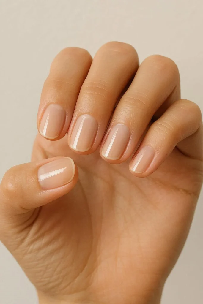  Natural nail look with clear polish and clean finish 
