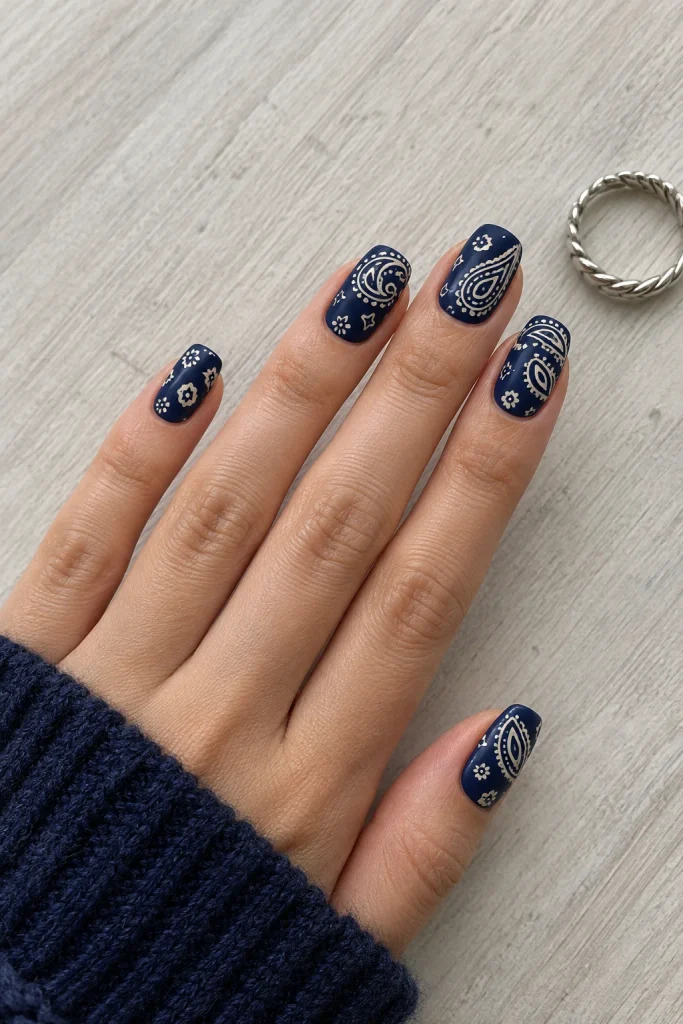 Navy blue nails with cream bandana-inspired paisley patterns