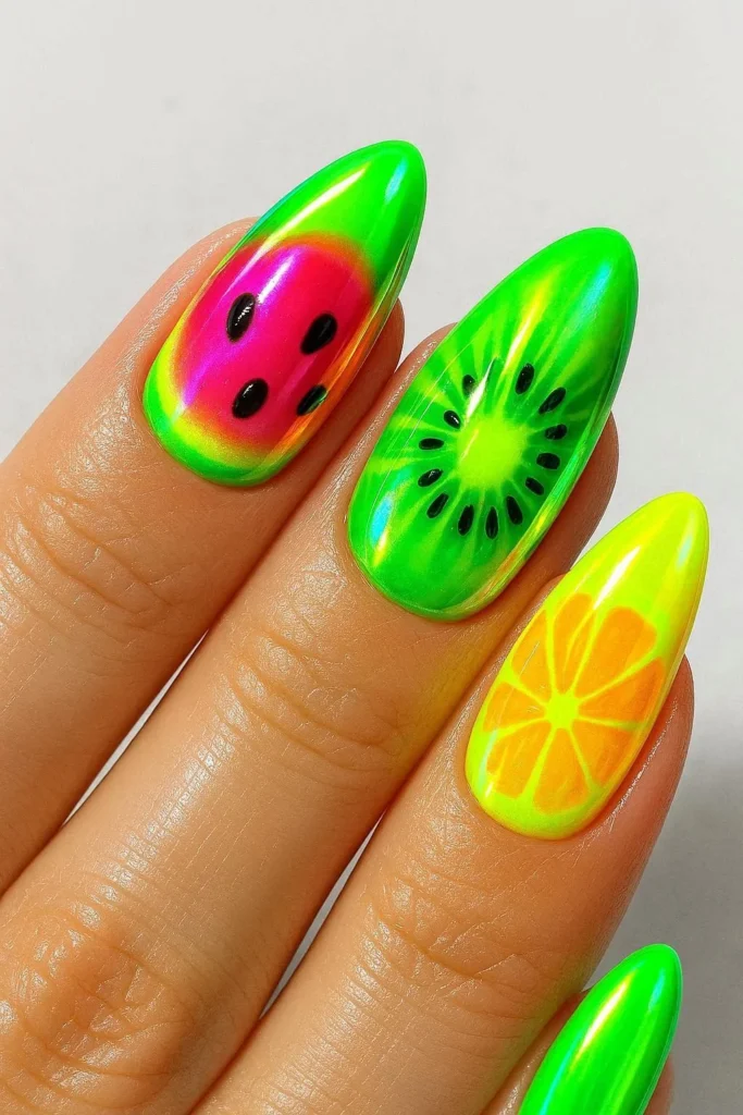 Bold neon fruit nails in electric watermelon lime and lemon shades