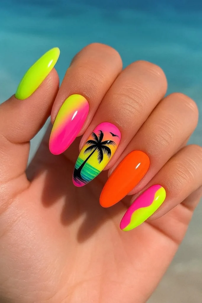 Neon tropical beach nail ideas bold bright summer vacation colors