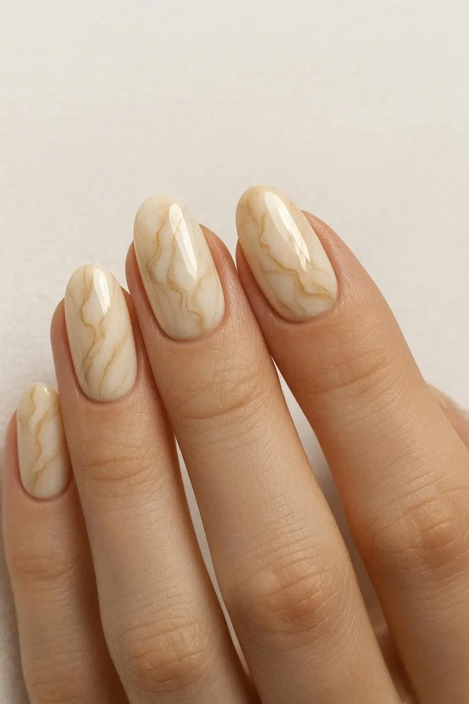 Neutral marble nails with beige and brown veining on a cream base
