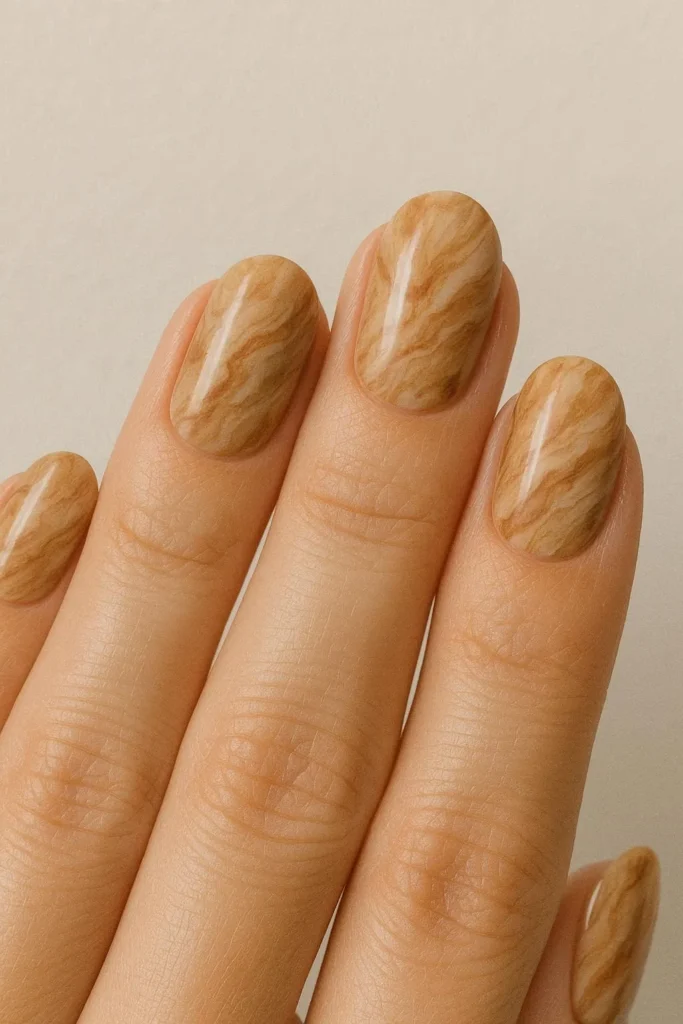 Brown and beige marble effect nails for a luxe fall look
