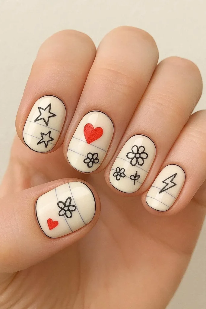 Notebook doodle nails with hand-drawn designs on a white base
