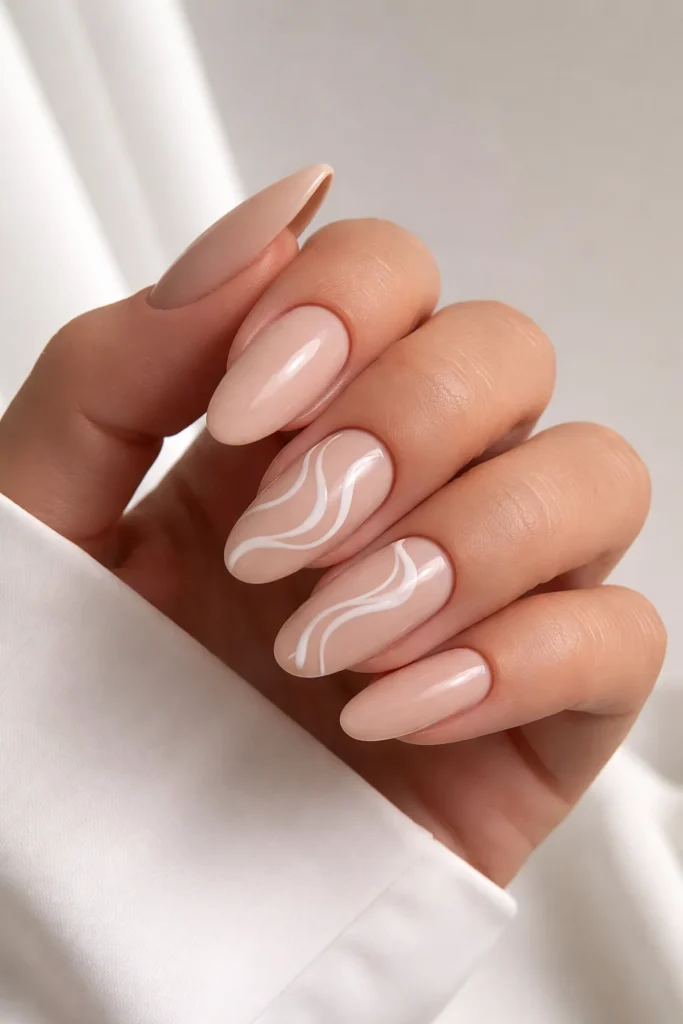  Nude and white swirl prom nails with modern artistic design 