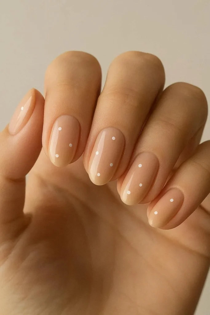 Nude nails with delicate white polka dots minimalist design