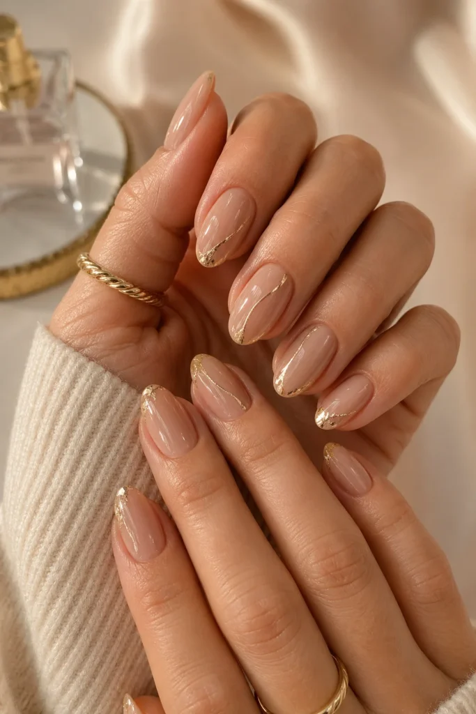 Nude nails with gold accent for autumn season