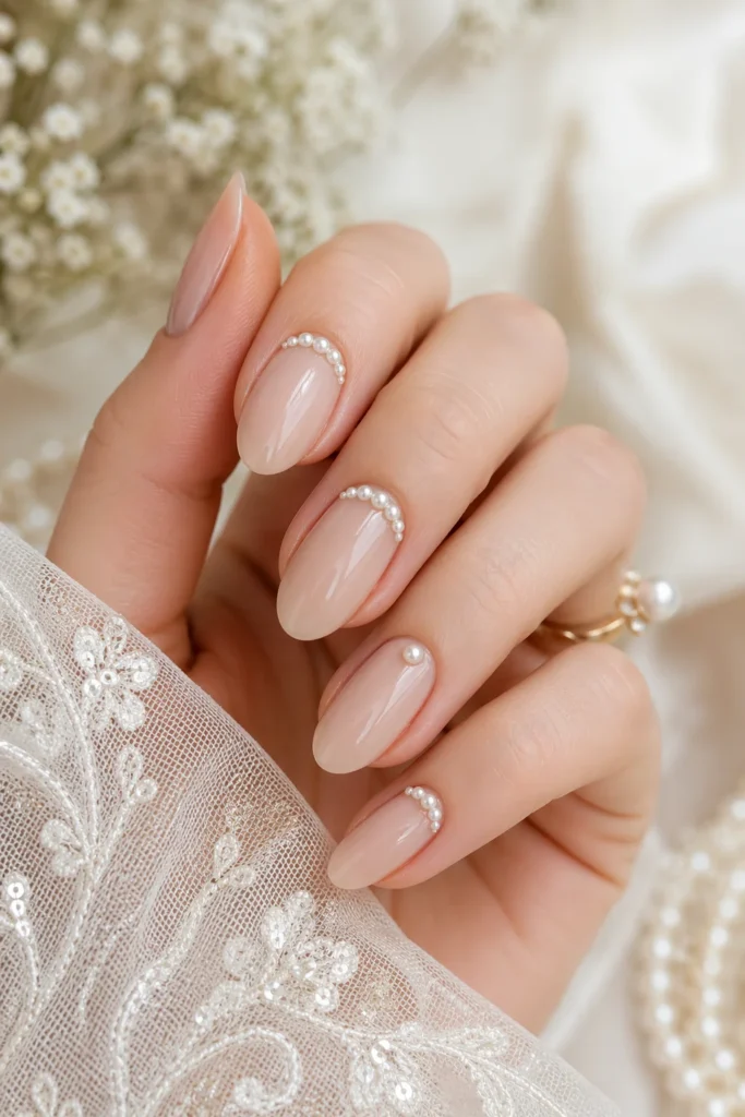 Nude bridal nails with tiny pearl accents along cuticle