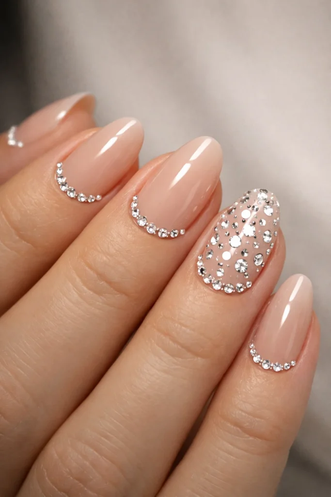 Nude prom nails with crystal rhinestone accents along cuticle line 