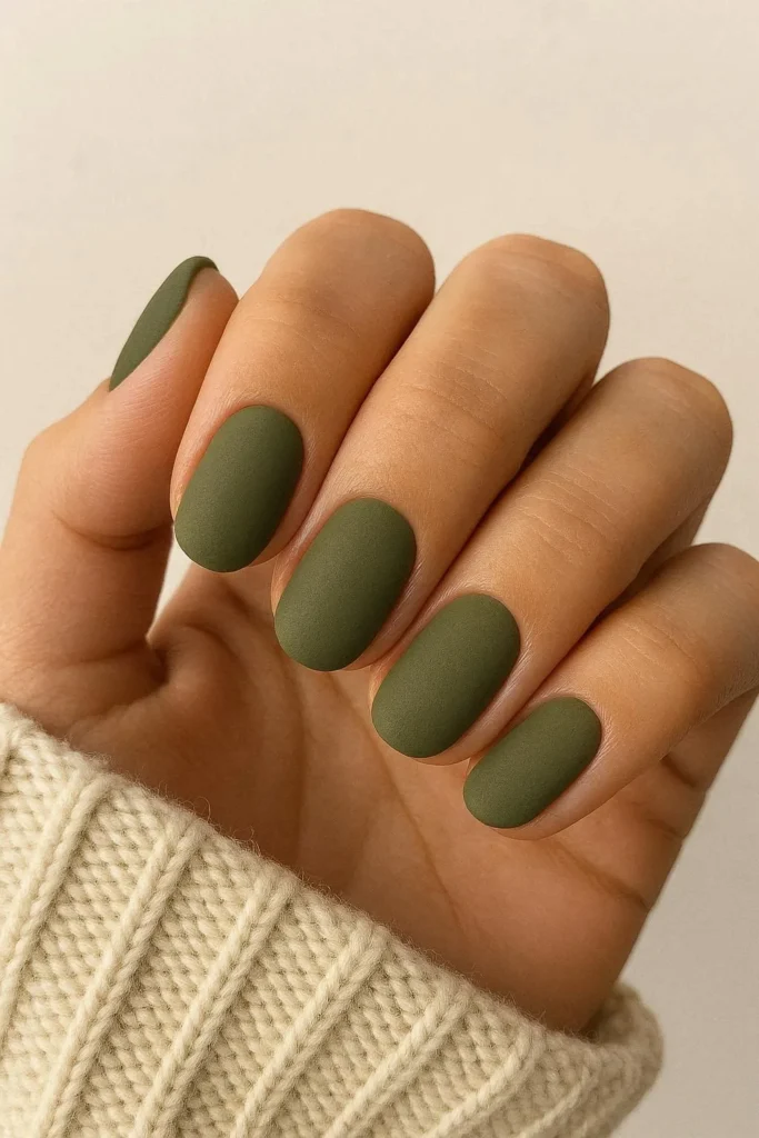 Earthy olive green nails perfect for autumn nail looks