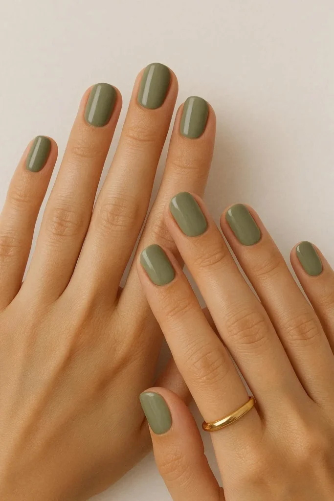  Olive green minimal nails with a soft matte finish
