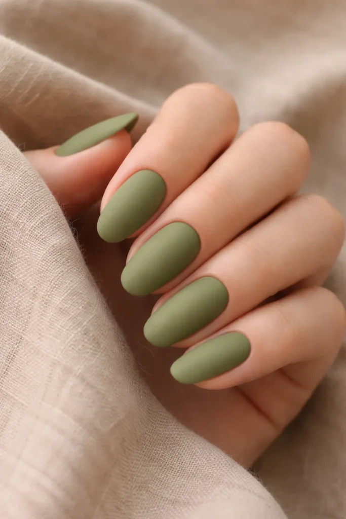 Olive green matte minimal nails for early fall
