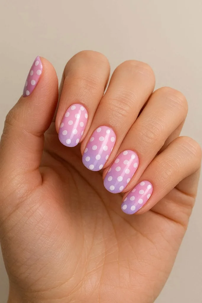 Ombre gradient base nails with evenly spaced polka dots 