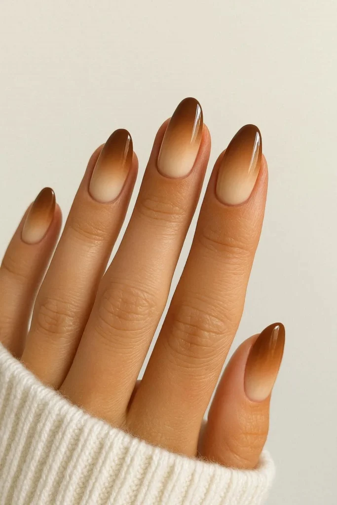 Soft brown to nude ombre gradient fall nail design