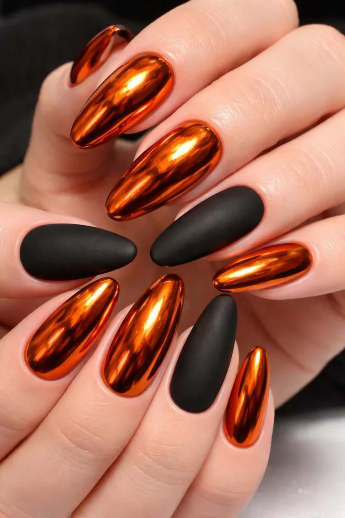  Metallic orange chrome Halloween nails with mirror finish bold