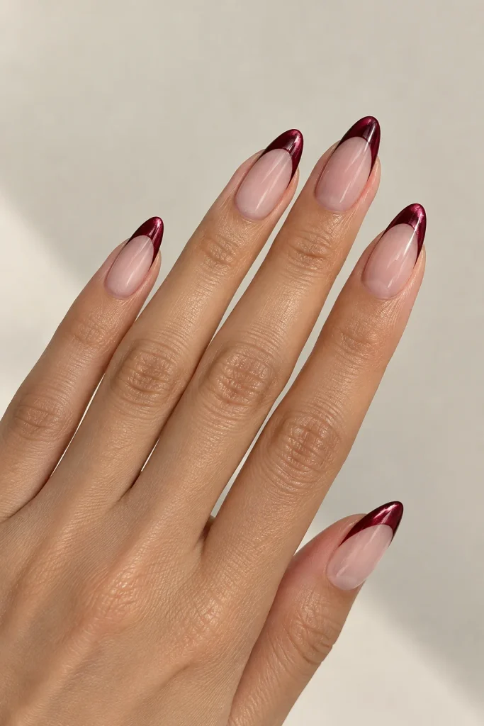 Oxblood chrome French Halloween nails on almond shape