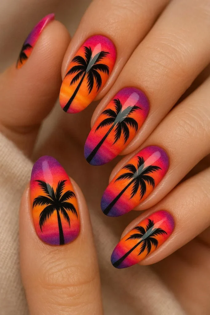Palm tree nail art with tropical sunset background summer design