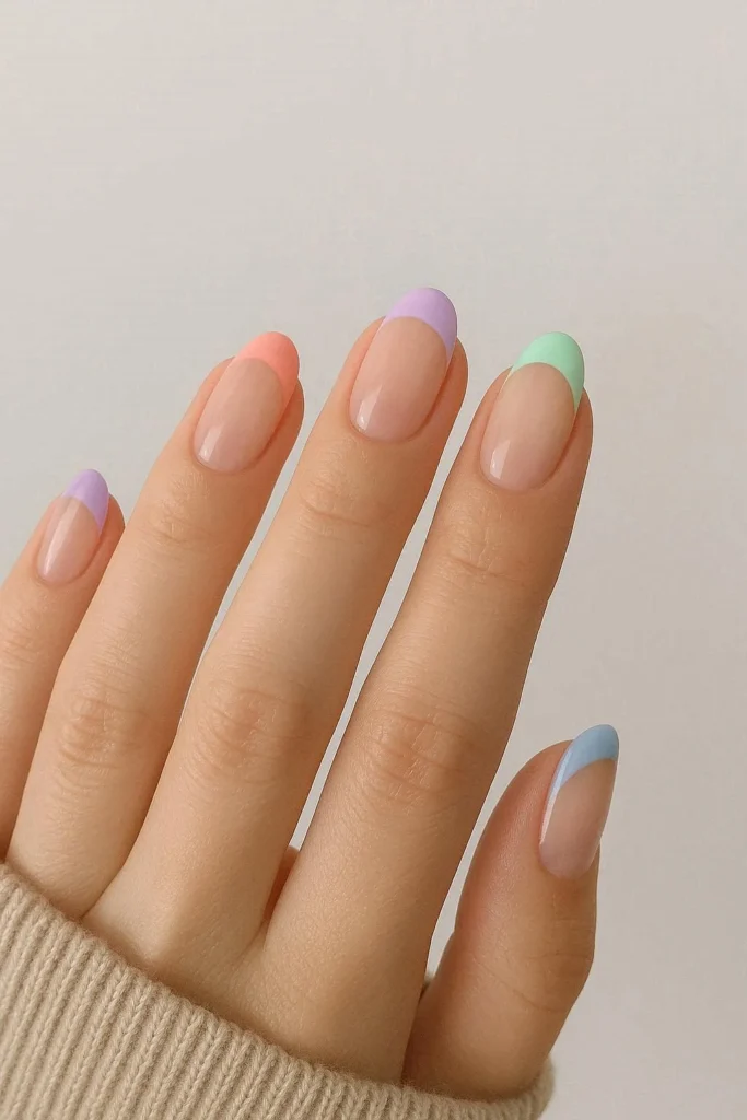 Pastel French tip nails with soft colored tips on a sheer base