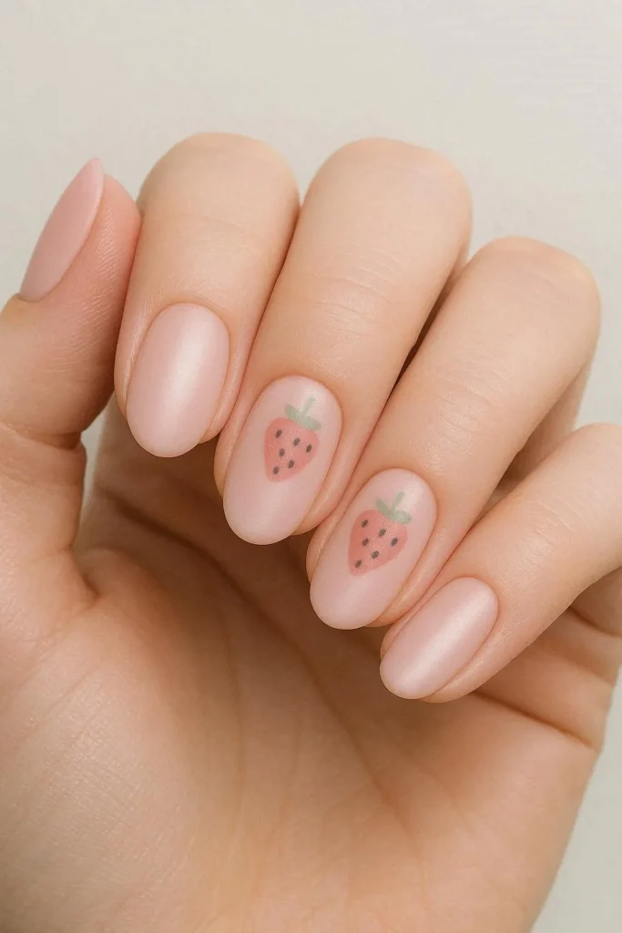 Soft pastel fruit nails in muted strawberry pink mint and lemon cream