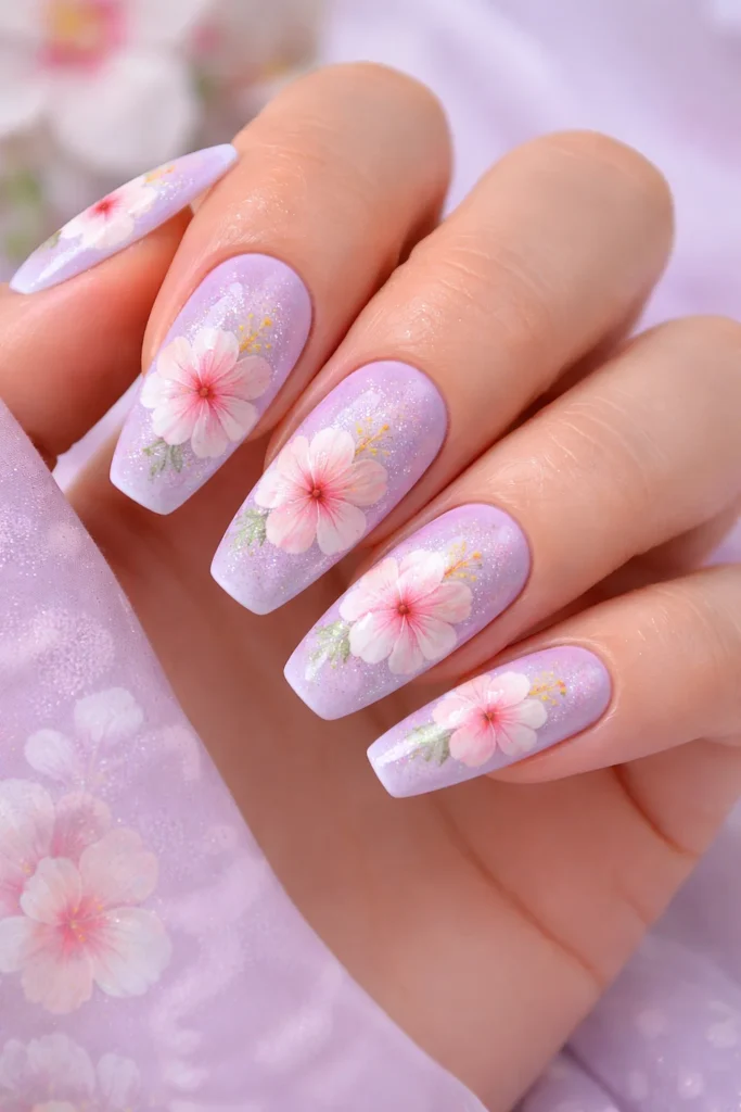  Pastel hibiscus flower nails soft watercolor floral summer design