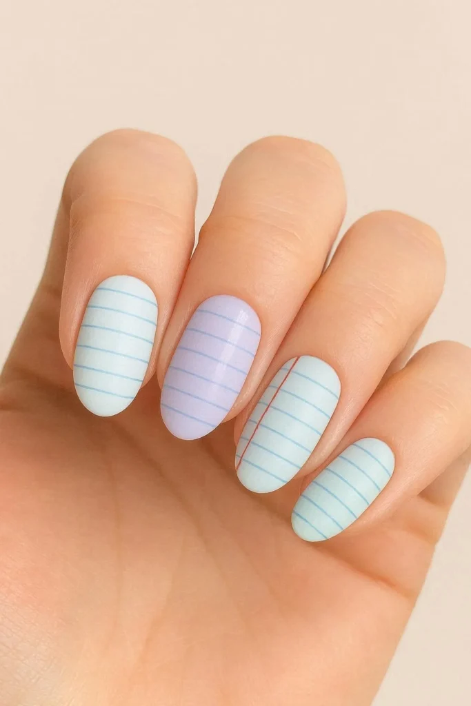 Pastel notebook nails with soft blue base and thin line details