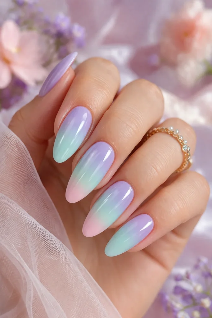 Pastel ombre prom nails blending lavender mint and blush shades