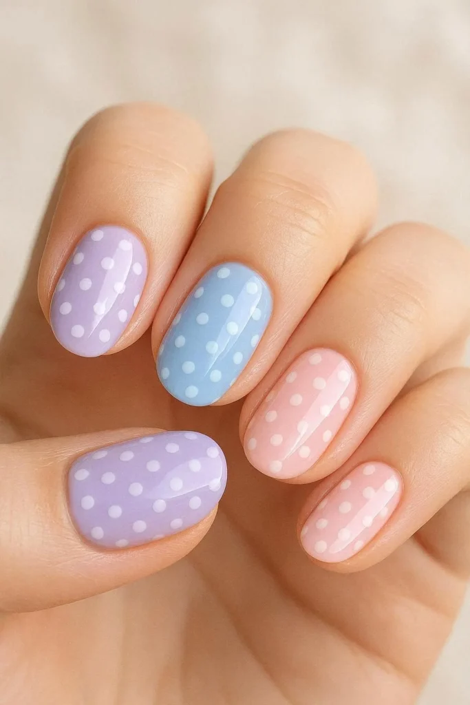 Soft pastel polka dot nails with contrasting tiny dots 
