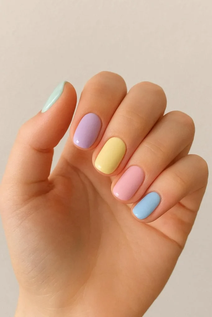 Cute pastel rainbow nail ideas with soft multicolor polish on short nails