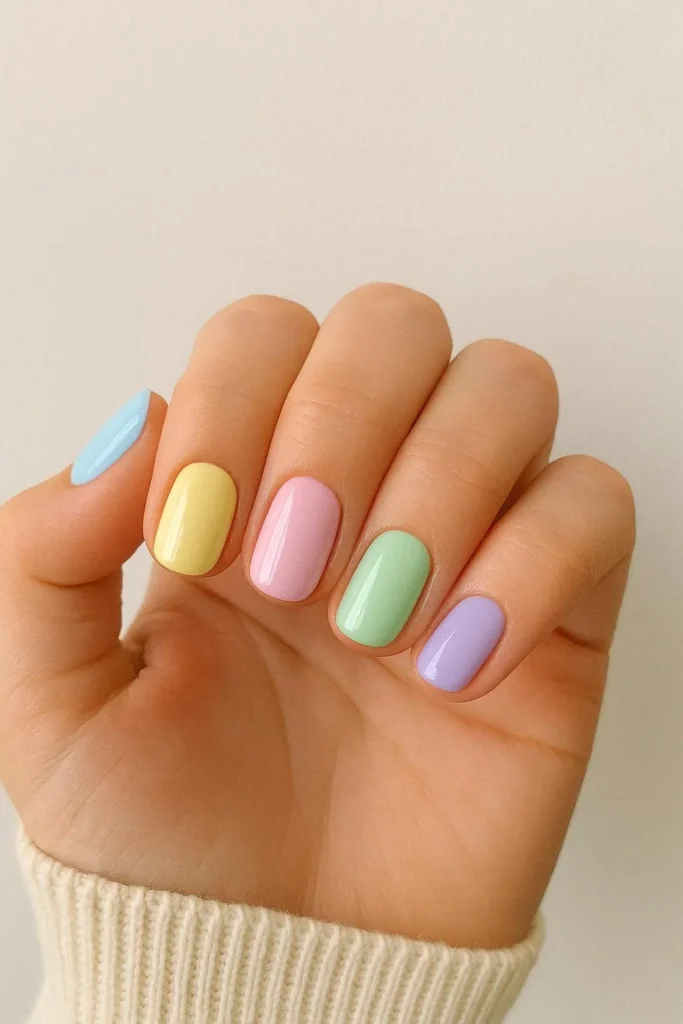 Pastel rainbow school nails with each nail painted a different soft pastel shade