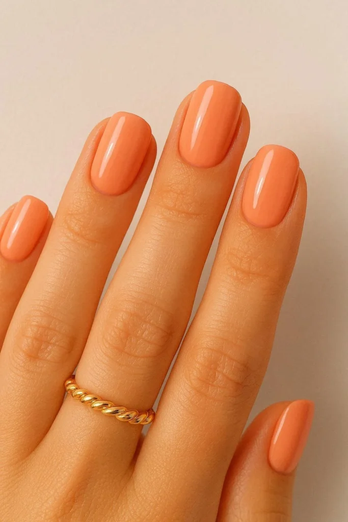 Cute peachy nail ideas in warm coral apricot tones with glossy finish