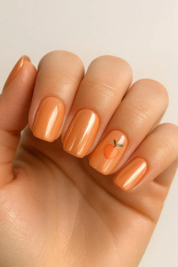 Warm peach chrome nails with a soft painted peach accent