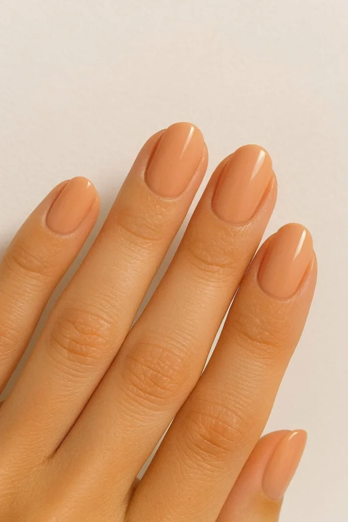 Warm peachy nude nails with a soft sun-kissed glow