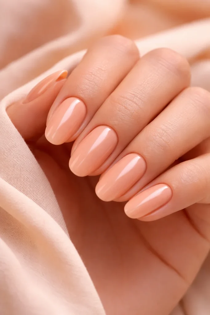 Peachy nude glossy nails for late summer fall transition