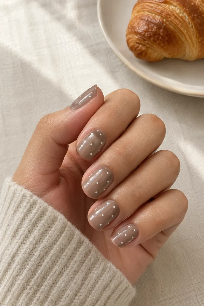Warm taupe squoval nails with delicate pearl white dots