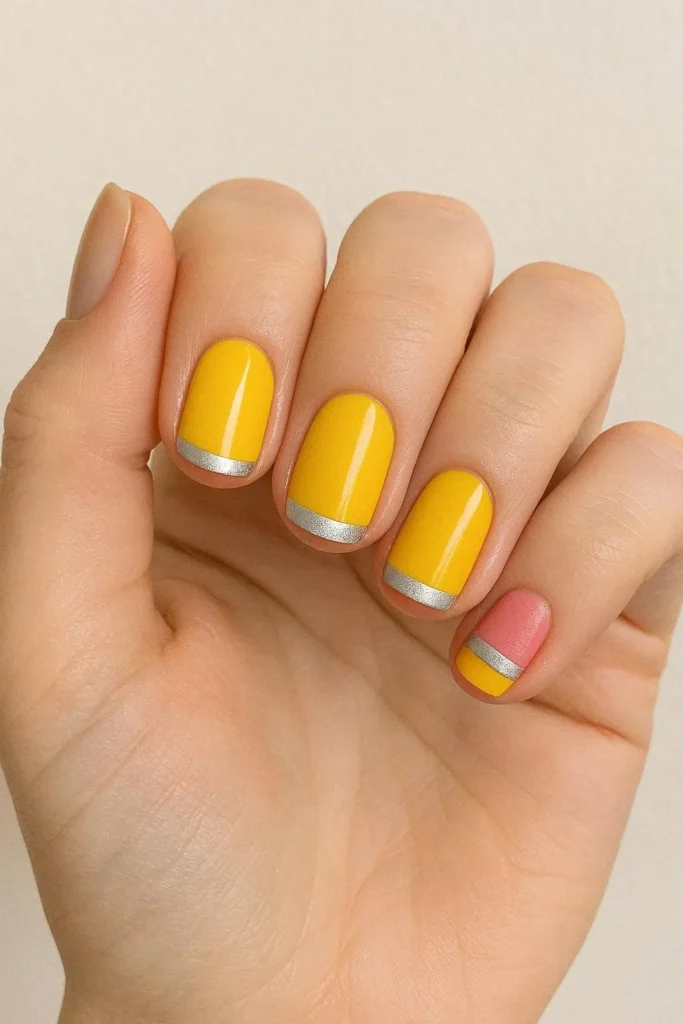 Pencil-inspired yellow nails with pink eraser and silver tip accents 