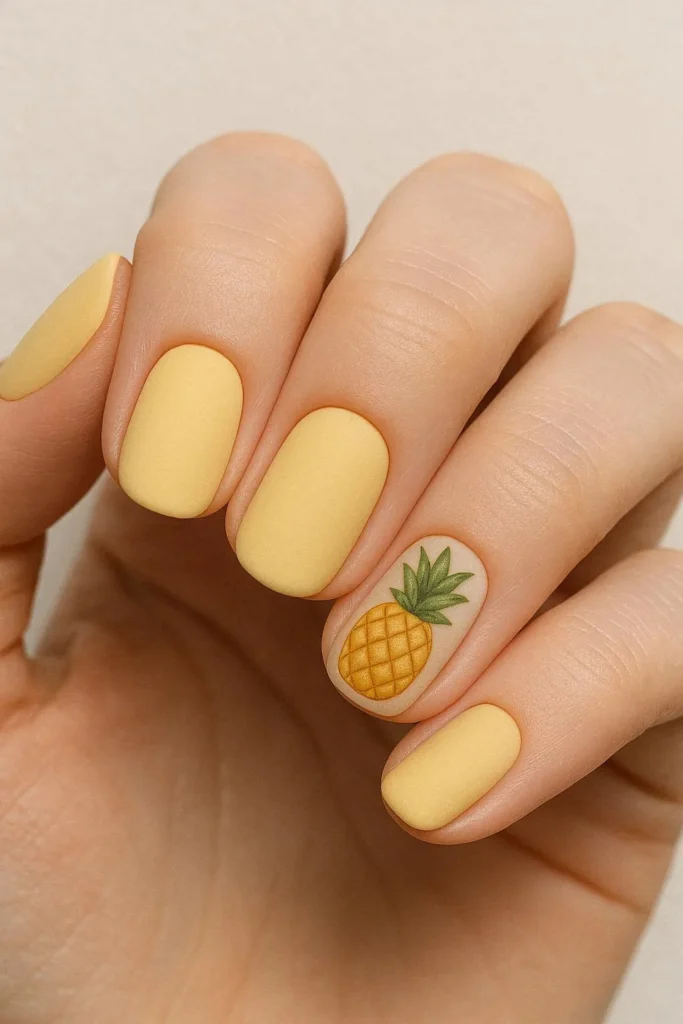 Yellow nails with a detailed textured pineapple on accent nail
