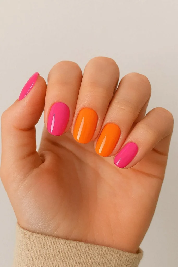 Vibrant pink and orange color-block nails for summer fun