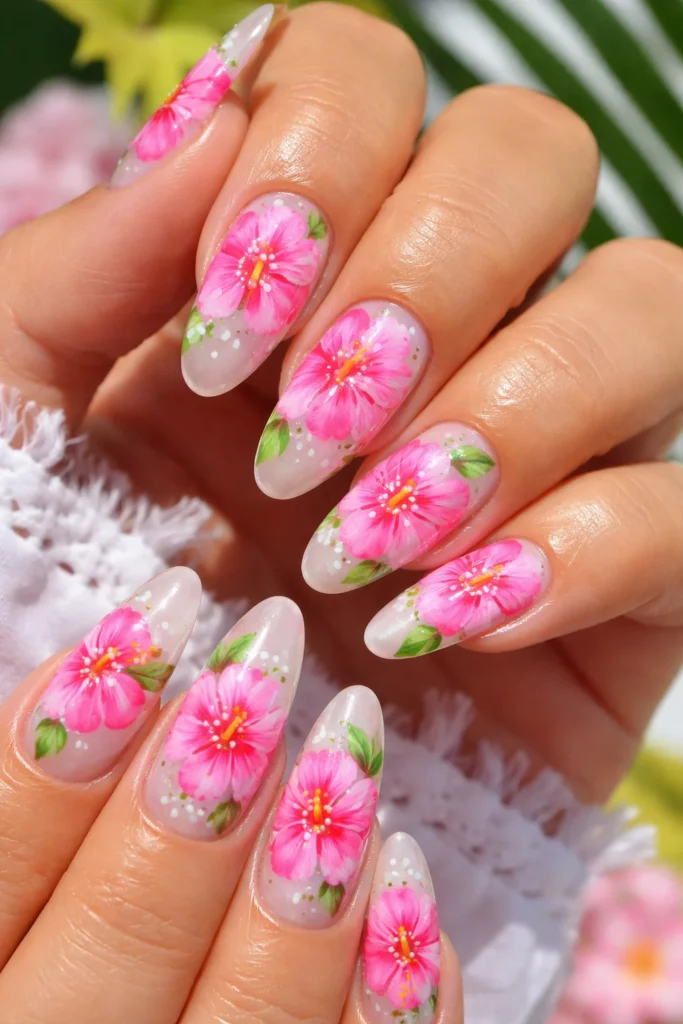 Bright pink hibiscus floral nails tropical summer design