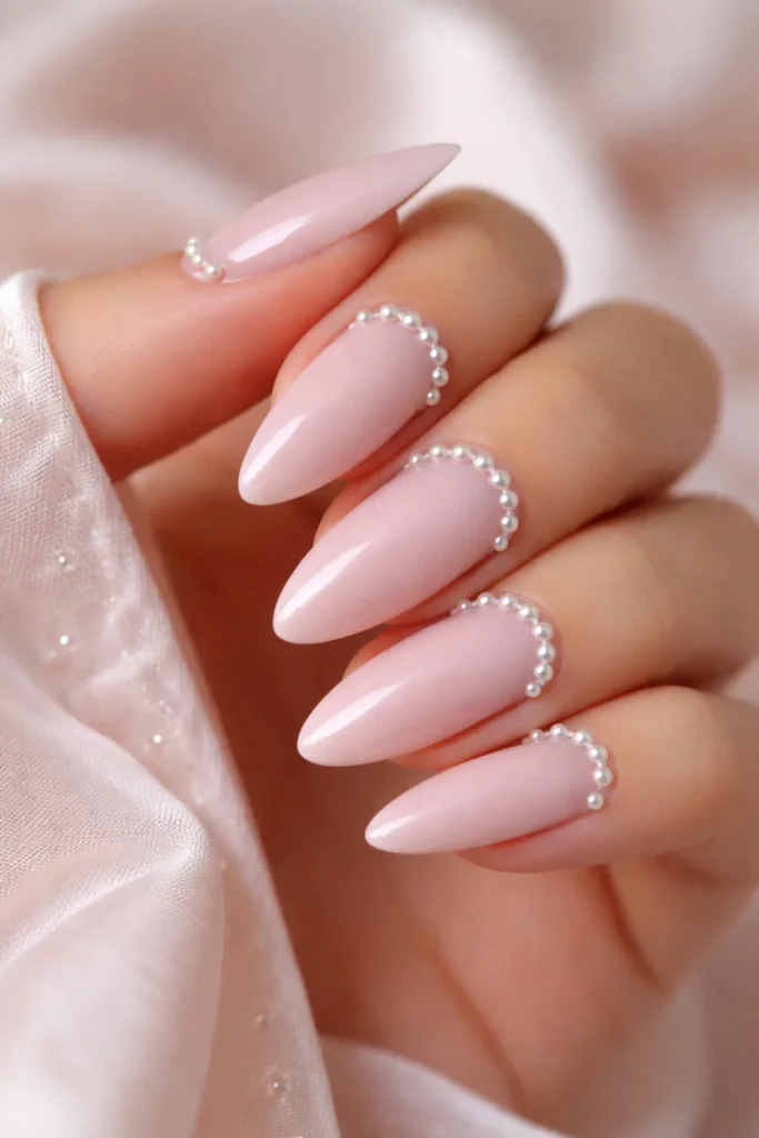 Pink prom nails with tiny pearl bead accents along cuticle 