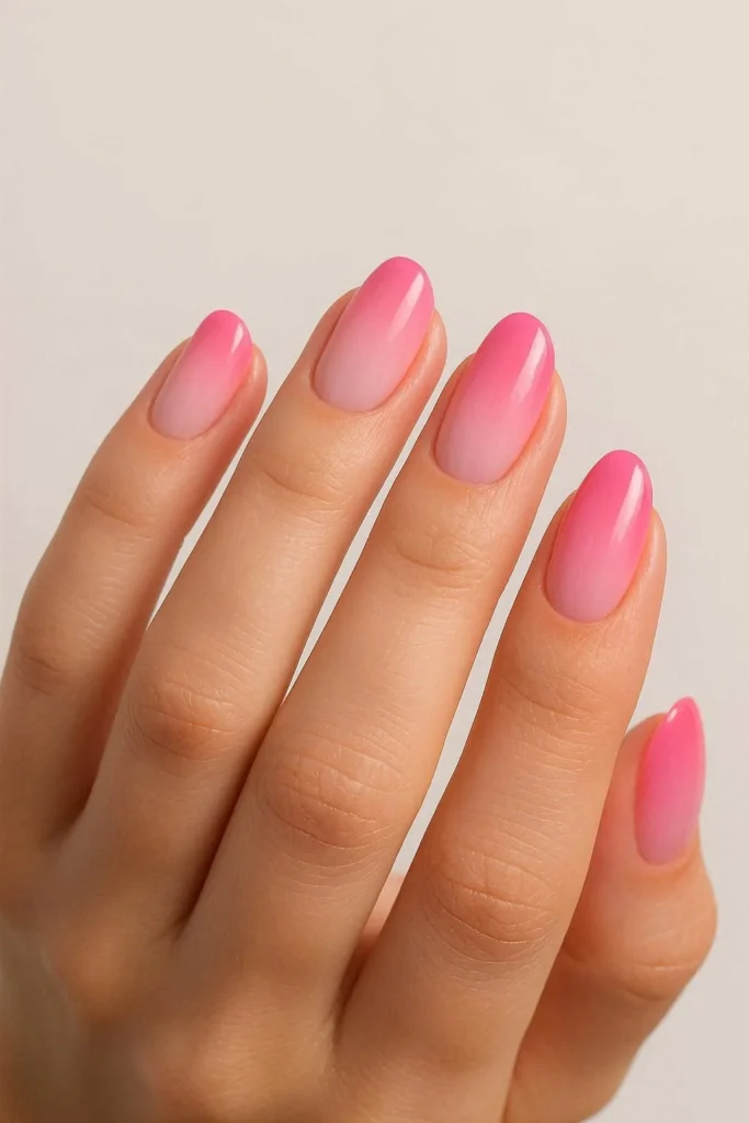 Cute pink ombre nail ideas with soft blush to rose gradient finish