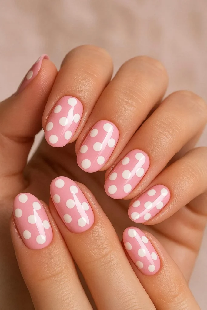 Pink base nails with clean white polka dots glossy finish