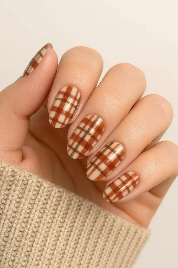 Plaid pattern nail art for cozy fall season 