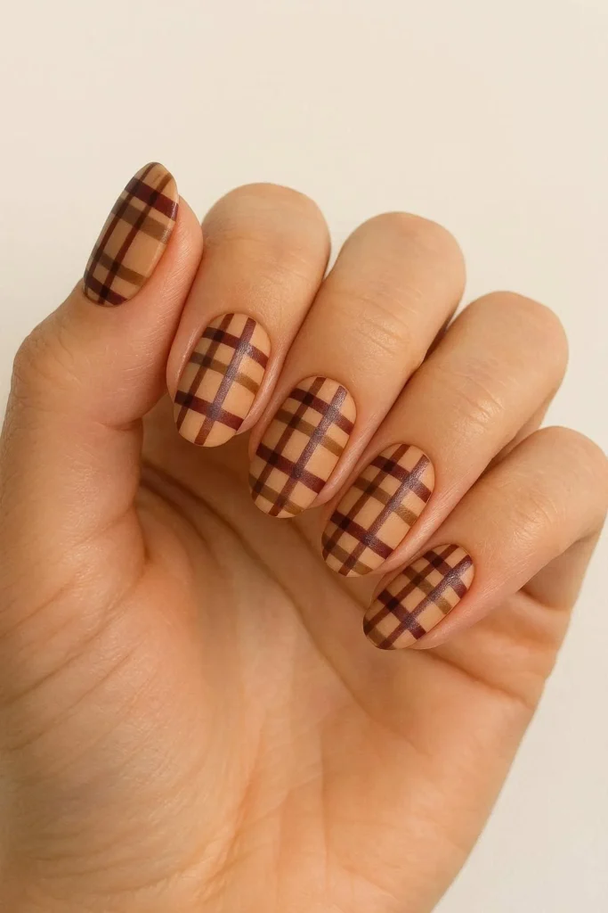 Classic plaid nail art in warm fall burgundy and camel