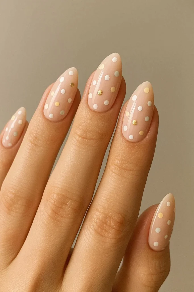 Elegant almond shaped nails with soft scattered polka dot pattern