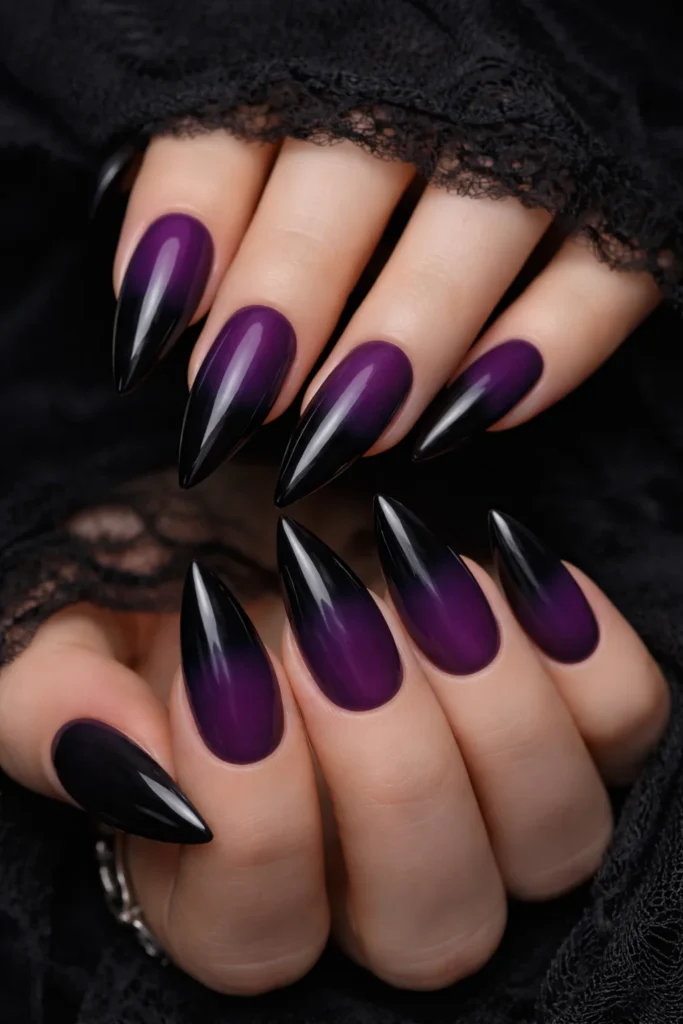  Purple and black ombre Halloween nails with matte finish