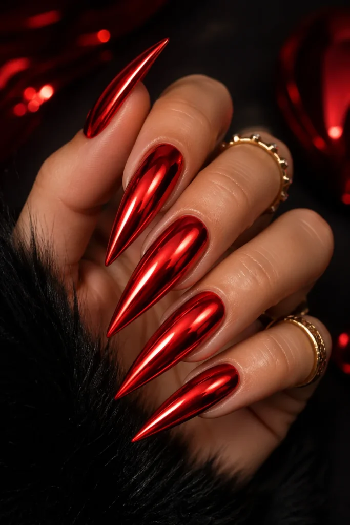 Red chrome stiletto nails with metallic mirror finish