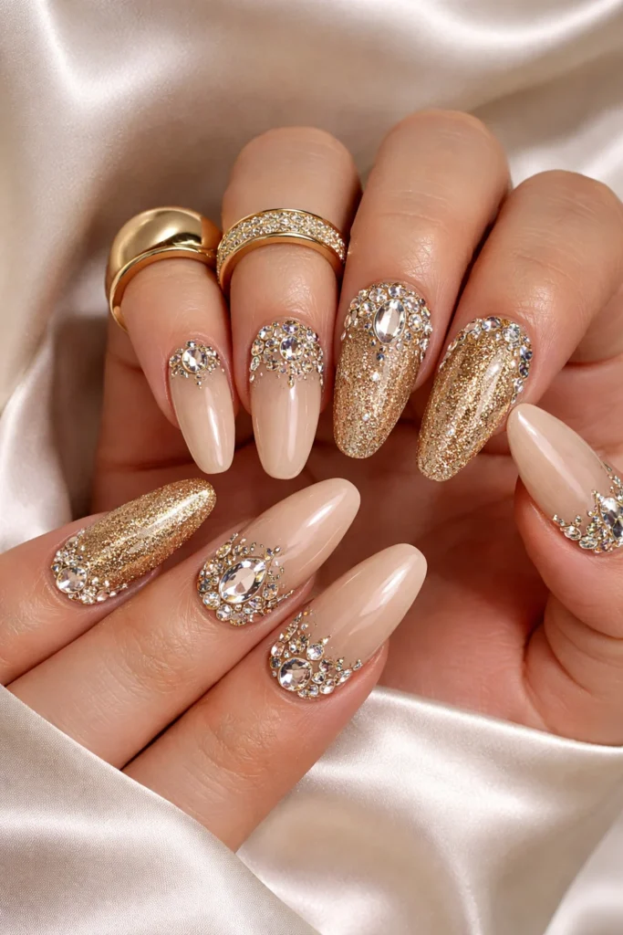 Rhinestone Leo nails with crystals along cuticle line on gold base