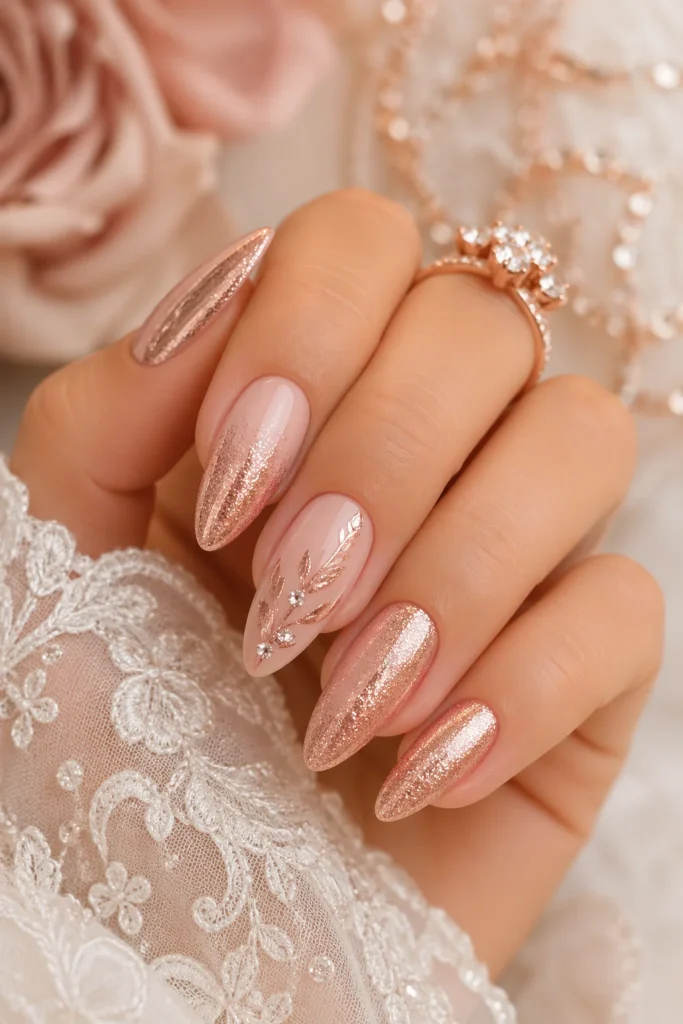 Warm rose gold bridal nails with peachy metallic shimmer finish